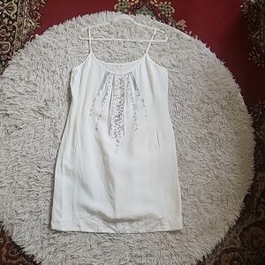 Eileen Fisher 100% Organic Linen White Summer Dress w/ Boho Sequin Bead Details